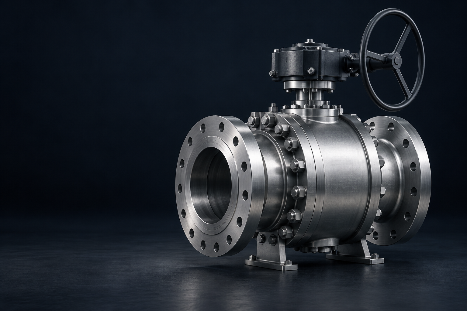Concept rendering of an industrial flanged ball valve in stainless steel